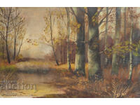 Tablou vechi, ulei pe pânză, peisaj forestier