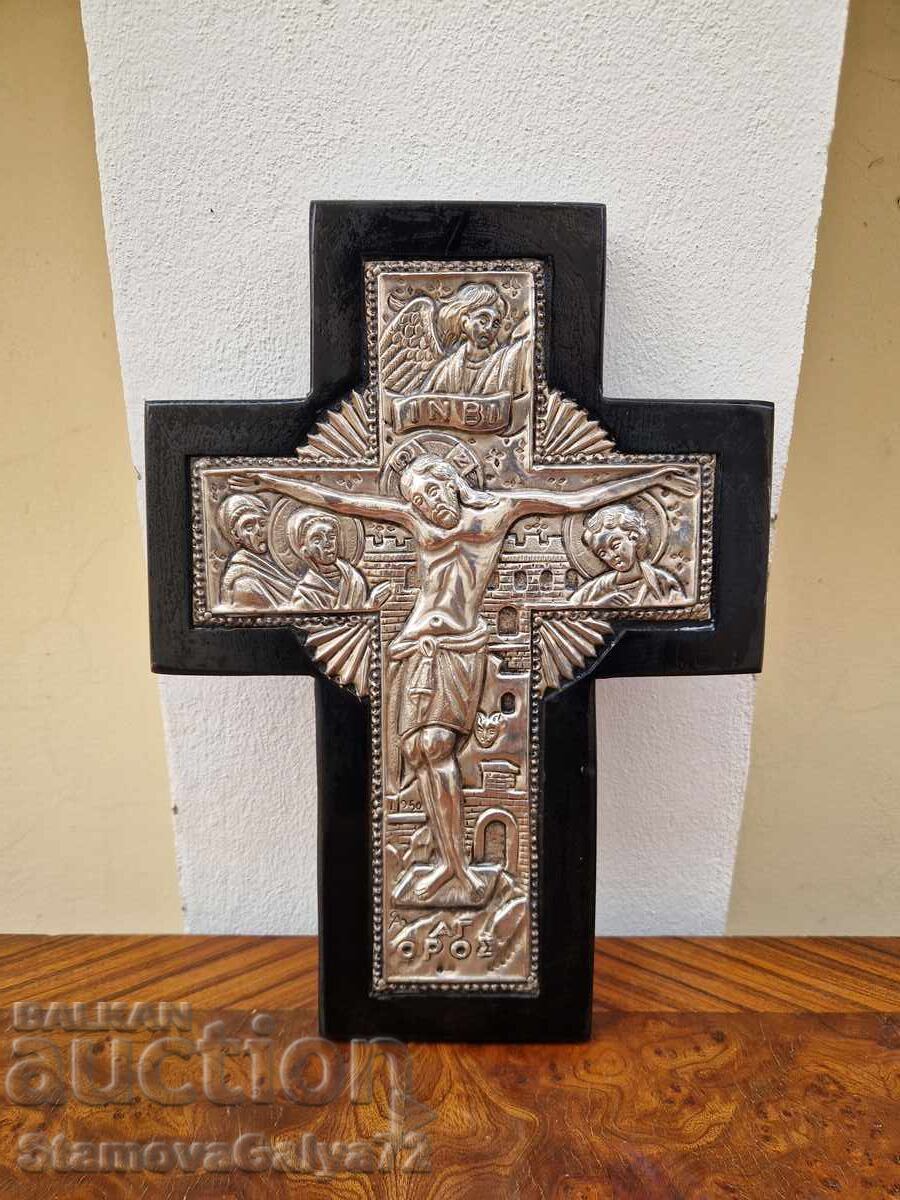 Εξαιρετική αντίκα ασημένια εικόνα σταυρός πιστοποιητικό
