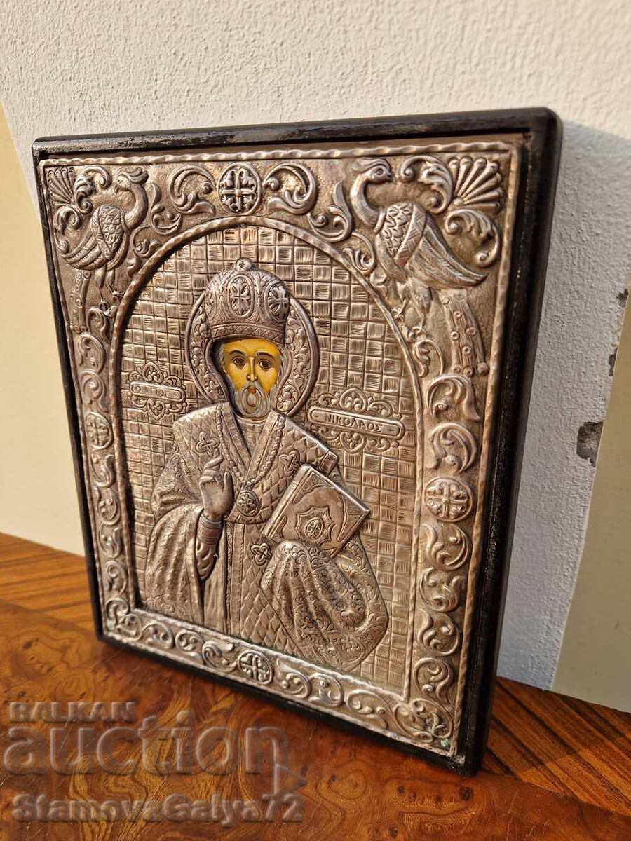 Аукцион Прекрасна антикварна сребърна икона Свети Никола