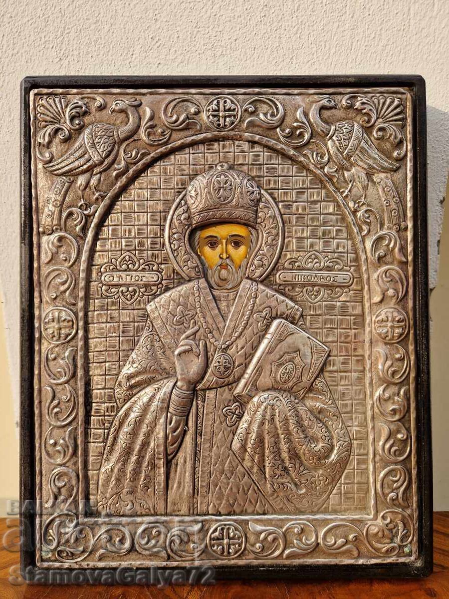 Прекрасна антикварна сребърна икона Свети Никола - 6