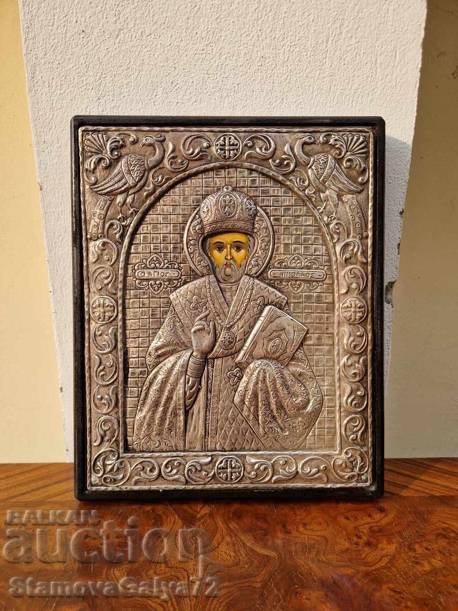 Прекрасна антикварна сребърна икона Свети Никола