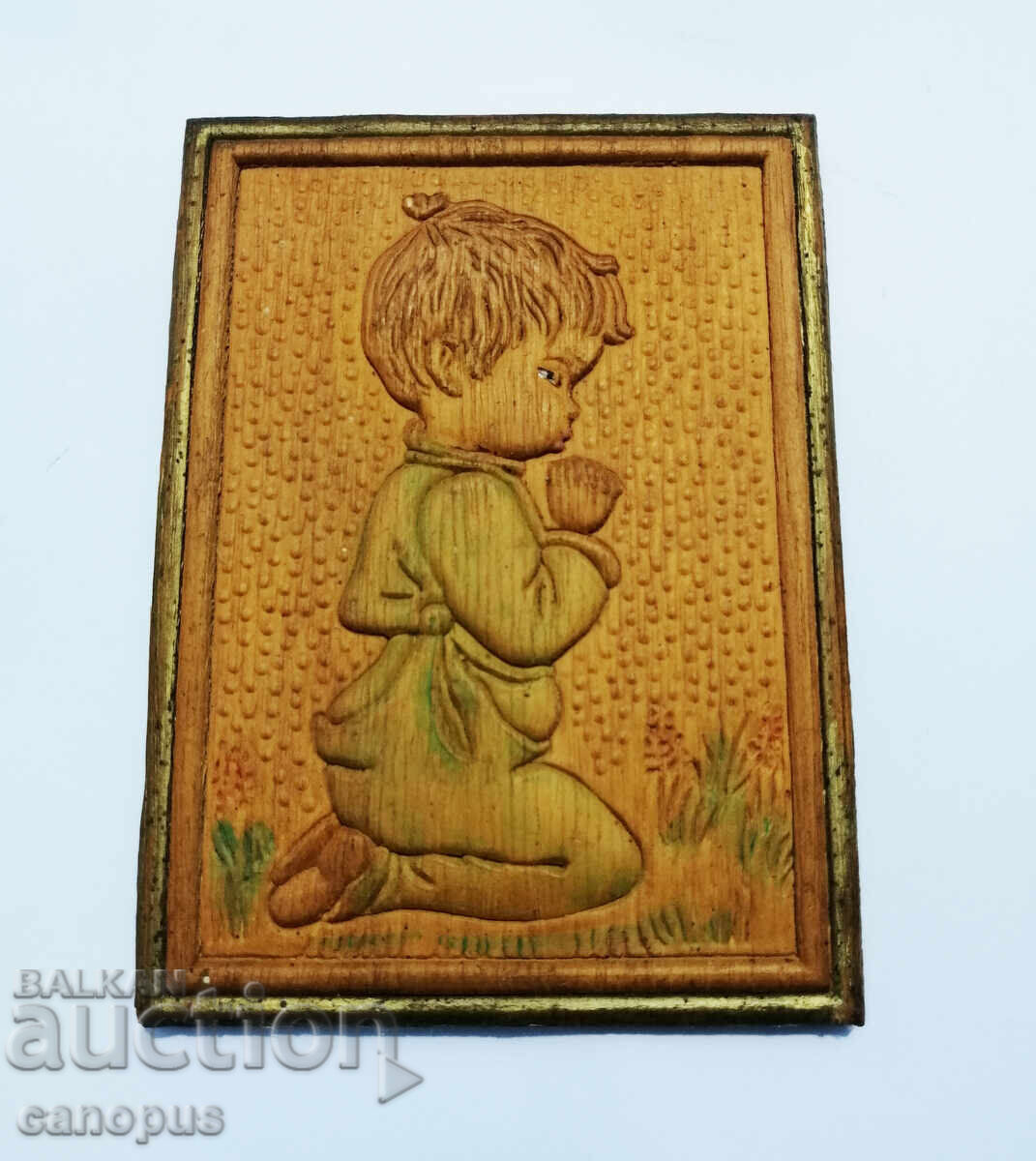 Стара Дървена Картина с Рамка - Момче - Дърворезба Стара Дървена Картина с Рамка - Момче - Дърворезба