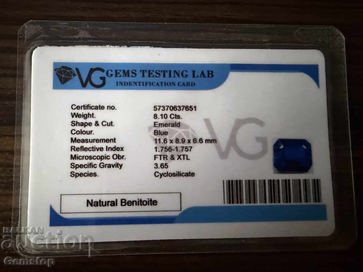 BZTs! 8.10 ct natural benitoite emerald cert. VGTL from 1st! - 7