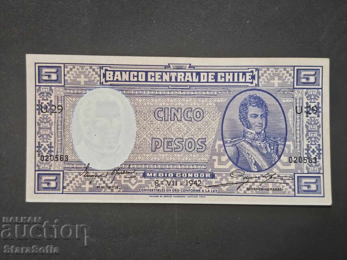 5 Песо Чили 1942 година. UNC. 5 Песо Чили 1942 година. UNC.