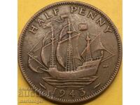 UK 1/2 Penny 1943 George V 26mm