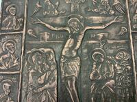 Veche icoană de cupru, răstignire, sfinți și evangheliști