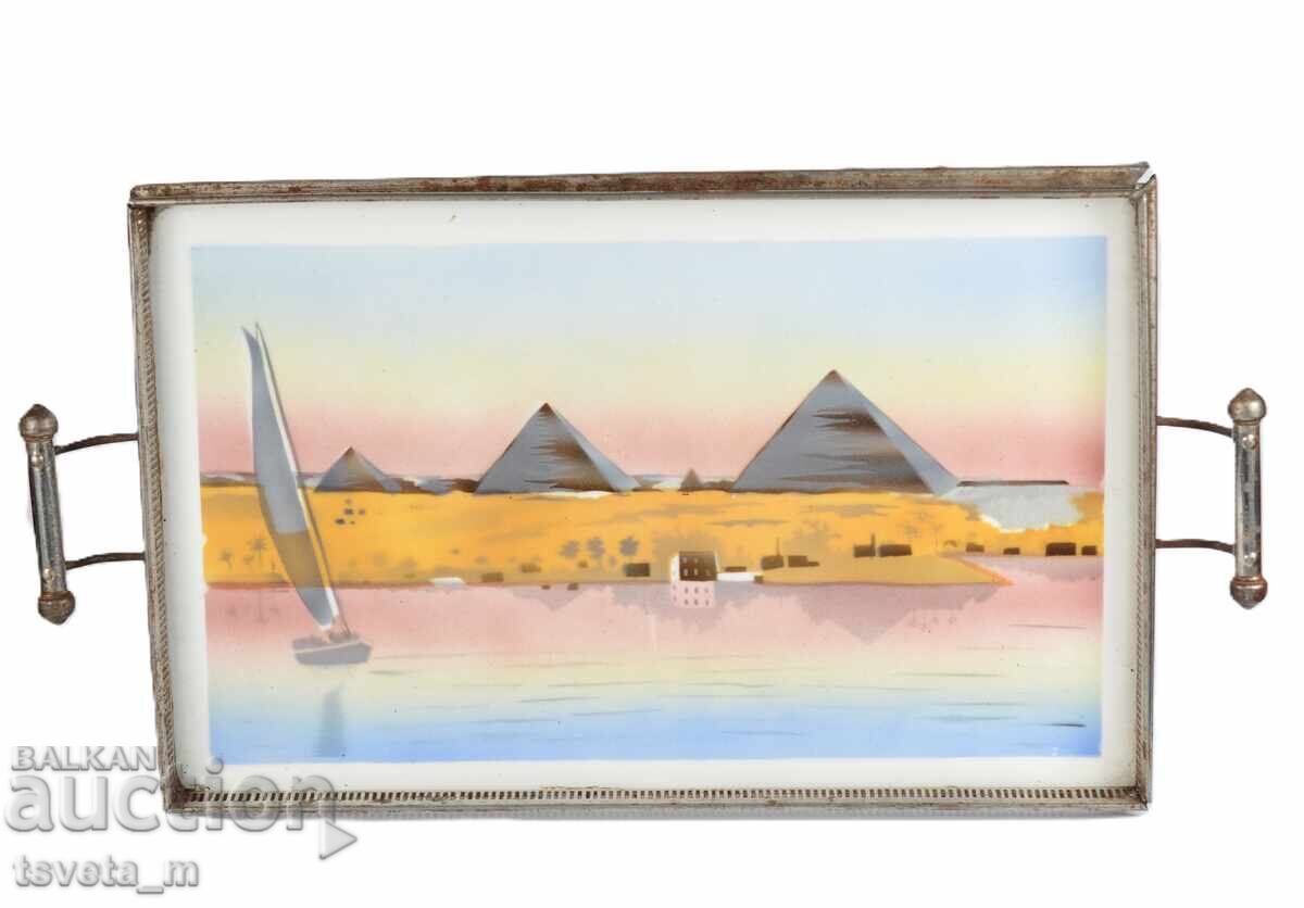 Порцеланов поднос със сребрист метален обков - Чехословакия