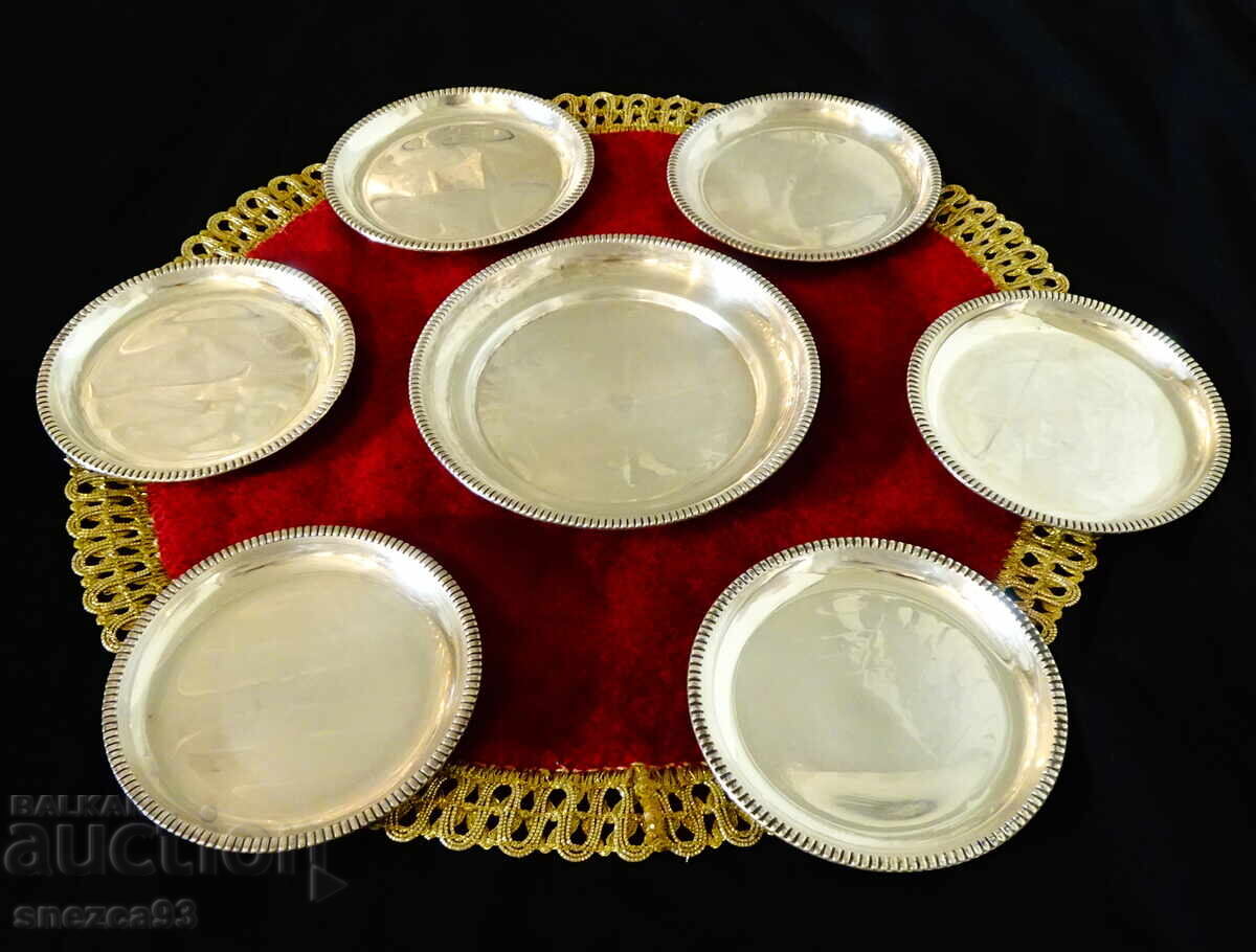 Silver-plated plates, relief, stamp, set of 7 pieces