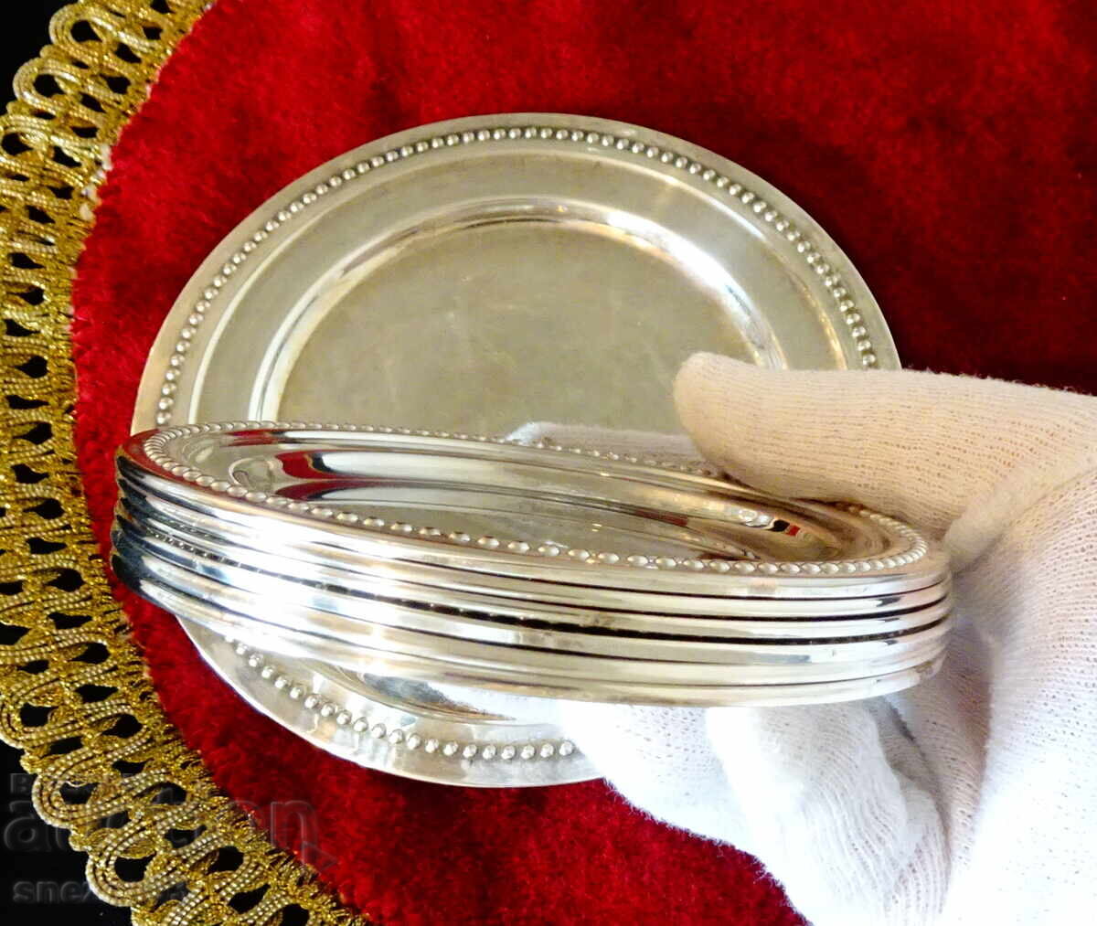 Silver-plated copper plates, pearl relief, set of 7 pcs - 5