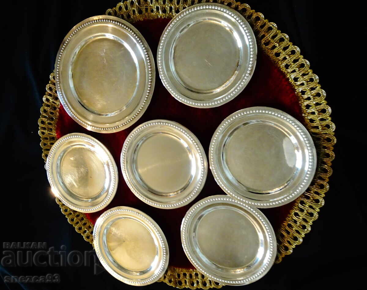 Silver-plated copper plates, pearl relief, set of 7 pcs