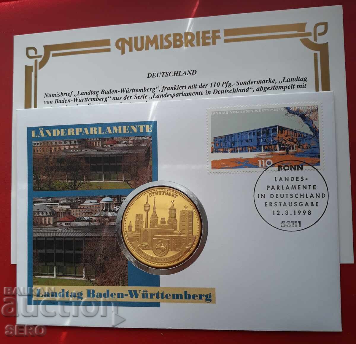 Medalie-Germania-Baden-Württemberg și timbru poștal în plic timbrat