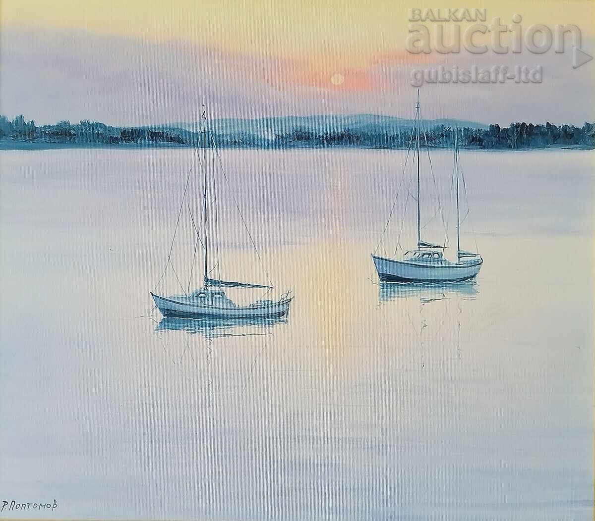 Painting, boats, sunset, artist Rosen Poptomov with price 270.00 BGN | € 138.05