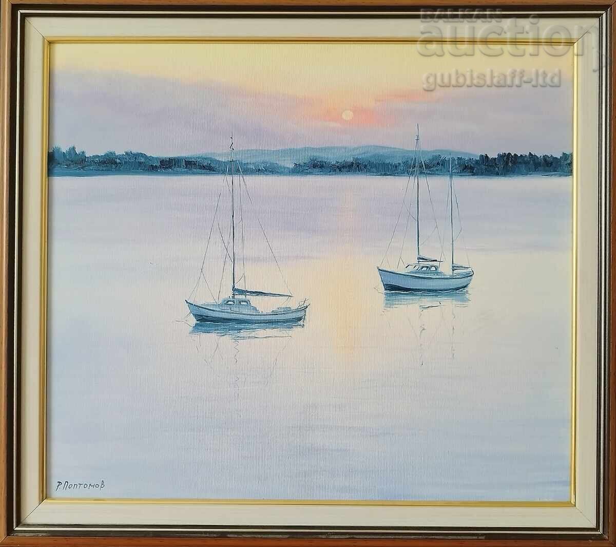 Painting, boats, sunset, artist Rosen Poptomov