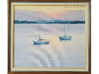 Πίνακας, βάρκες, ηλιοβασίλεμα, ζωγρ. Ρόσεν Ποπτόμοφ
