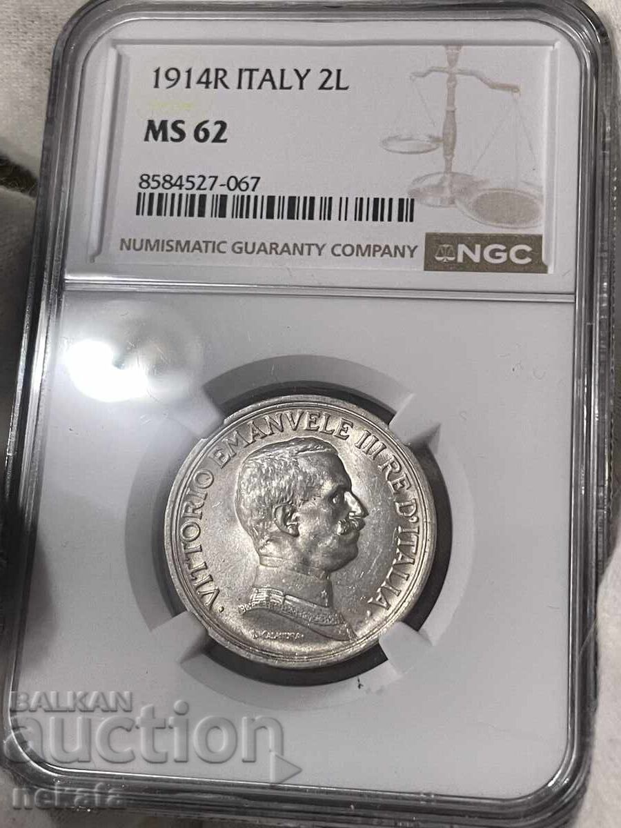 Италия, 2 лири 1914 г. MS62 NGC
