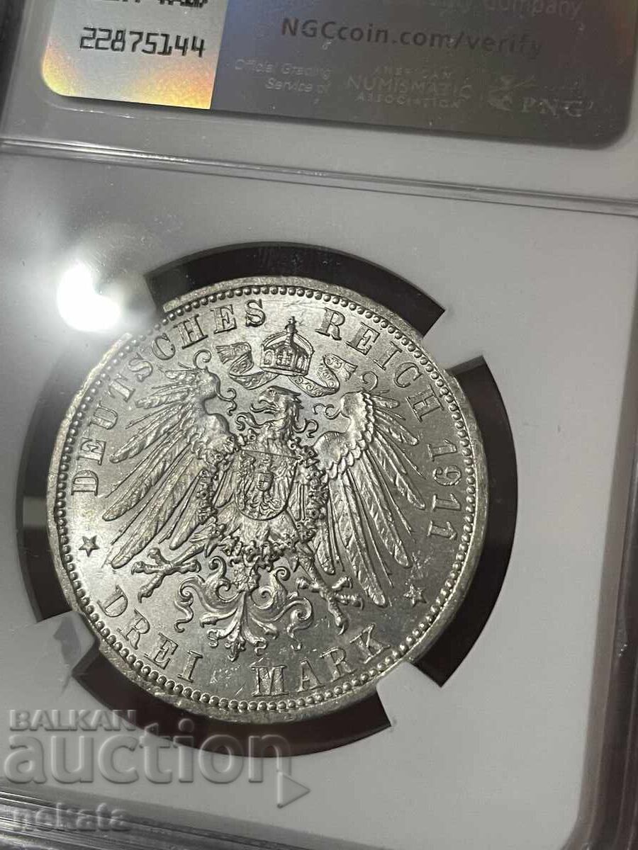 Германия, Любек, 3 марки 1911 А. NGC MS64 с цена 800.00 лв. | € 409.03