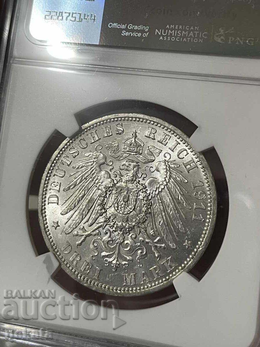 Аукцион Германия, Любек, 3 марки 1911 А. NGC MS64