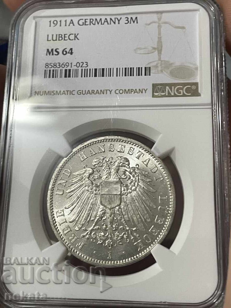 Германия, Любек, 3 марки 1911 А. NGC MS64