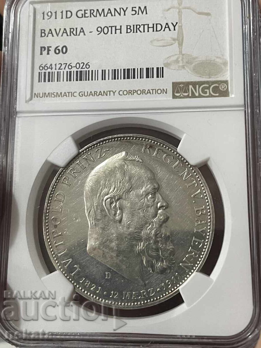 Bavaria, 5 mărci 1911 g. NGC PF60