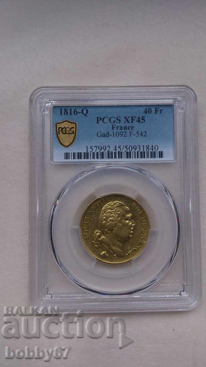 Gold Coin 40 Francs 1816 - Q, XF45 - PCGS Gold Coin 40 Francs 1816 - Q, XF45 - PCGS