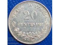 Италия 20 чентесими 1863 М - Милан сребро Патина