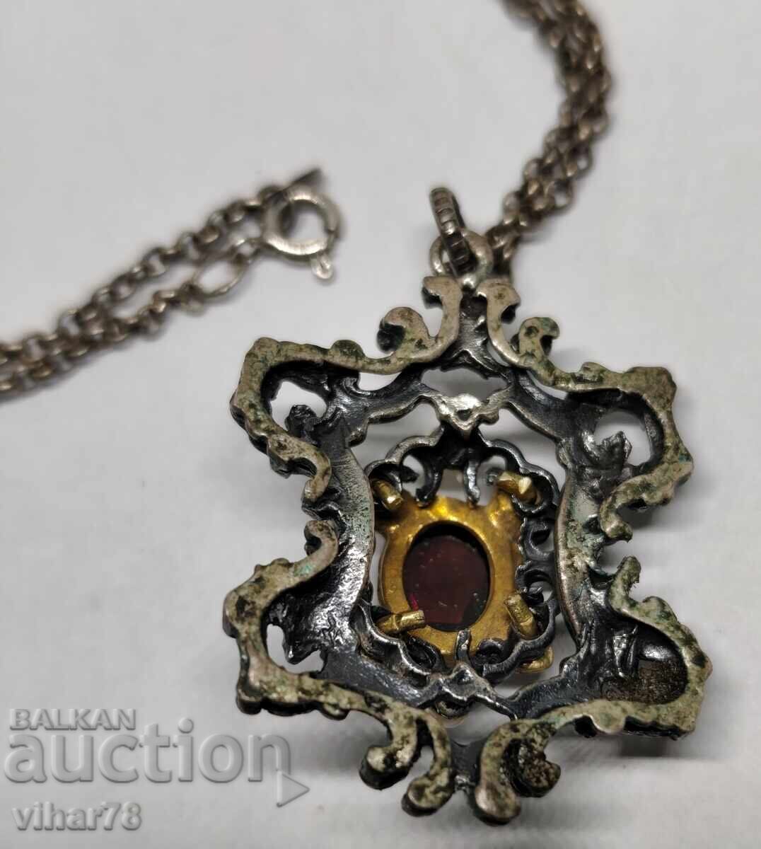 Ασημένιο κολιέ αντίκα με γρανάτη - 7