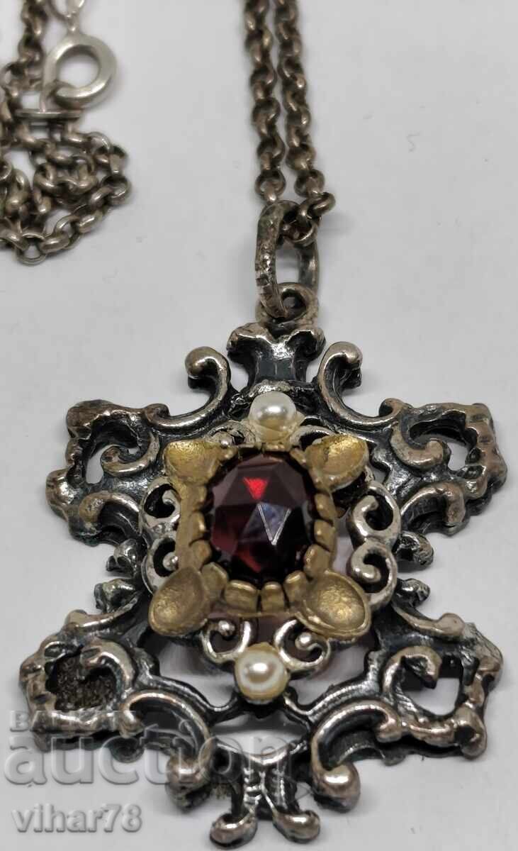 Ασημένιο κολιέ αντίκα με γρανάτη