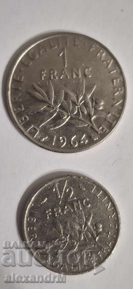 1/2 Franc 1965 + 1 Franc 1964 France Fifth Republic 1/2 Franc 1965 + 1 Franc 1964 France Fifth Republic