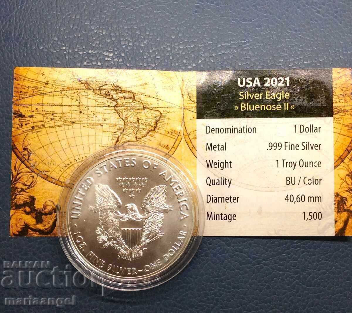 Доставка на САЩ 1 долар 2021 1 Oz "Bluenose" серия Silver Eagle Доставка на САЩ 1 долар 2021 1 Oz "Bluenose" серия Silver Eagle