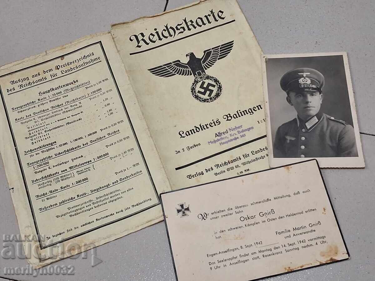 Document 3 pieces Wehrmacht photo military obituary map WW2 Document 3 pieces Wehrmacht photo military obituary map WW2