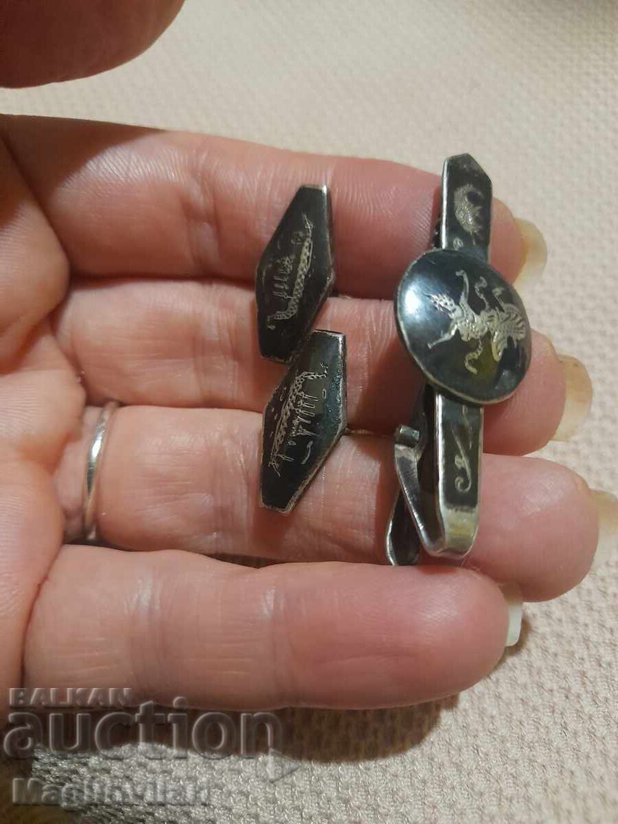 Ασημένια μανικετόκουμπα και καρφίτσα Σιάμ Ασημένια μανικετόκουμπα και καρφίτσα Σιάμ