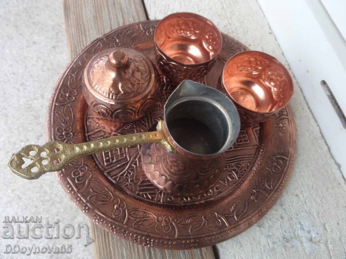 Auction Wrought copper, five-piece set for Turkish coffee Auction Wrought copper, five-piece set for Turkish coffee