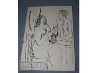 Παλιά Μαεστρική Αυθεντική ζωγραφιά πίνακας γυναίκα πλέκει