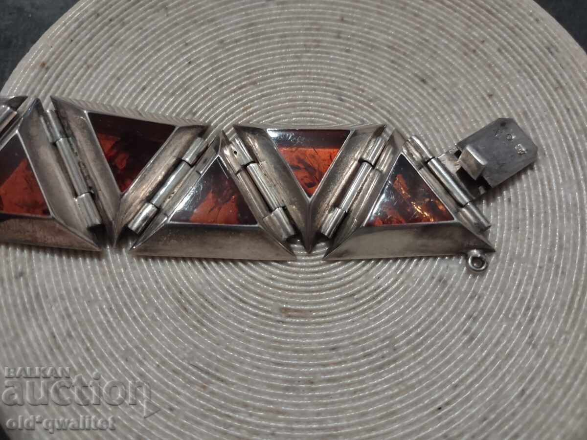 Licitație BRĂȚARĂ DIN ARGINT ORIGINALĂ cu AMBRĂ NATURALĂ, ștampile