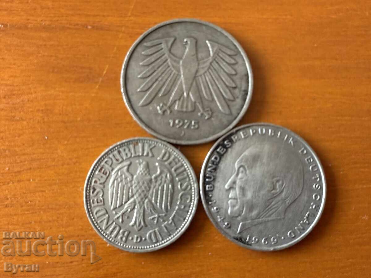 ФРГ 1 марка 1959, 2 марки 1969, 5 марки 1975 с цена 1.00 лв. | € 0.51 ФРГ 1 марка 1959, 2 марки 1969, 5 марки 1975 с цена 1.00 лв. | € 0.51