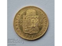 Златна монета 8 форинта/20 франка, 1891 г., 6.45 гр.