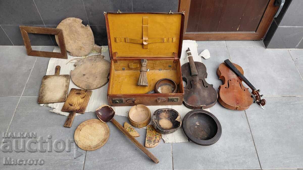 Lot of dug-out wooden board and other items. Leather suitcase. Violin Lot of dug-out wooden board and other items. Leather suitcase. Violin