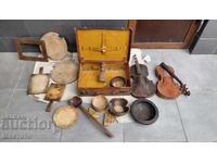 Lot of dug-out wooden board and other items. Leather suitcase. Violin