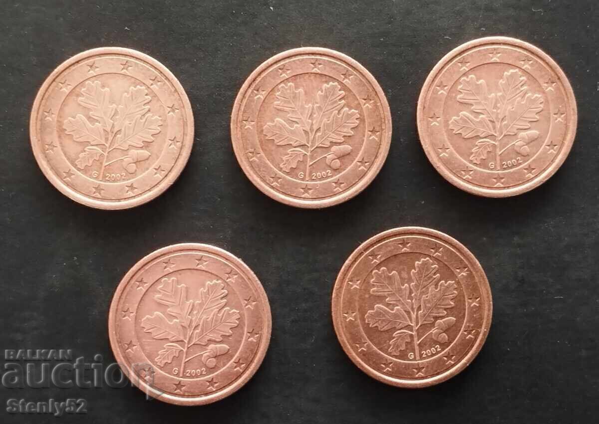 1 евроцент -5 бр.2002 год.Германия.Първите . с цена € 1.00 | 1.96 лв.