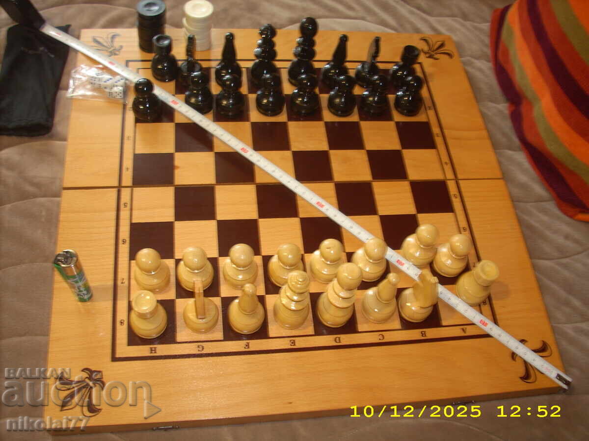 Auction  Custom wooden social chess board, wooden figures, checkers 49x49cm