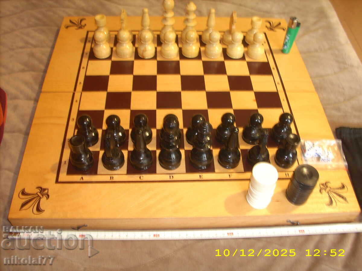 Custom wooden social chess board, wooden figures, checkers 49x49cm