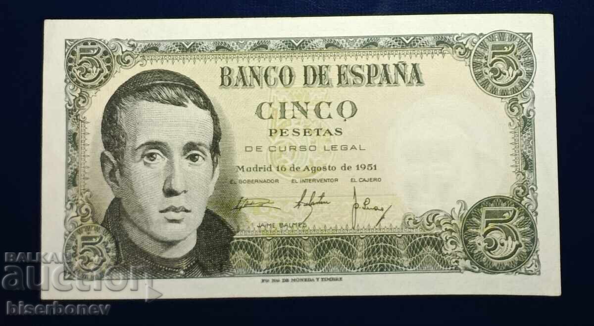 Spain, Spain, 5 Pesetas 1951, XF/aUNC Spain, Spain, 5 Pesetas 1951, XF/aUNC