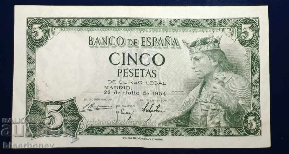 Spain, Испания , 5 песети 1954 г, VF/XF