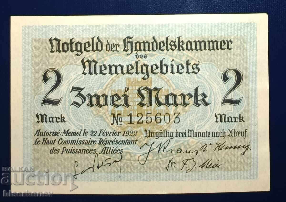 Memel, Memel/Klaipėda/Lithuania, 2 Marks, 1922, aUNC/UNC-1 Memel, Memel/Klaipėda/Lithuania, 2 Marks, 1922, aUNC/UNC-1
