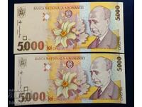 România, 5000 lei 1998, două bucăți, UNC