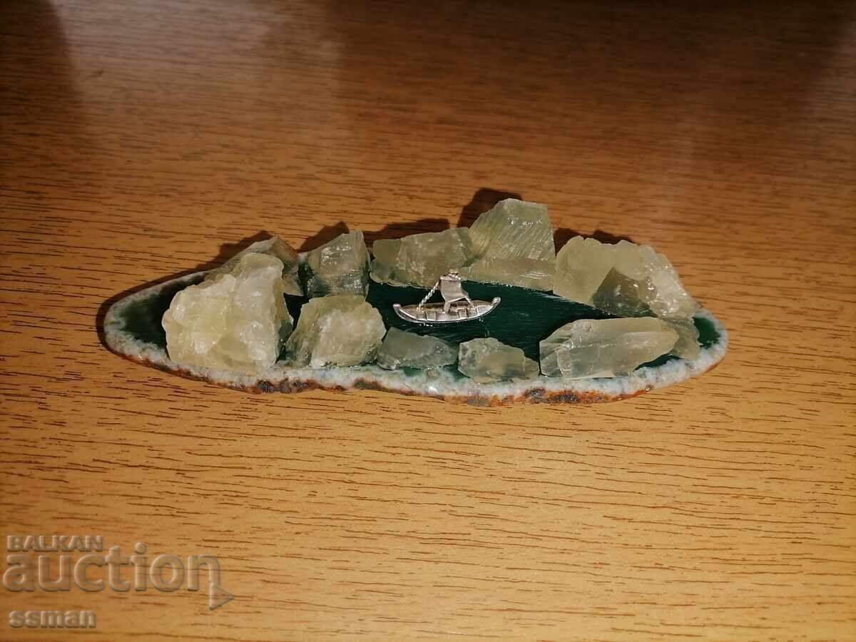 Διοραμα μακέτα πλάκα αχάτη καλσίτη ασημένιο καραβάκι