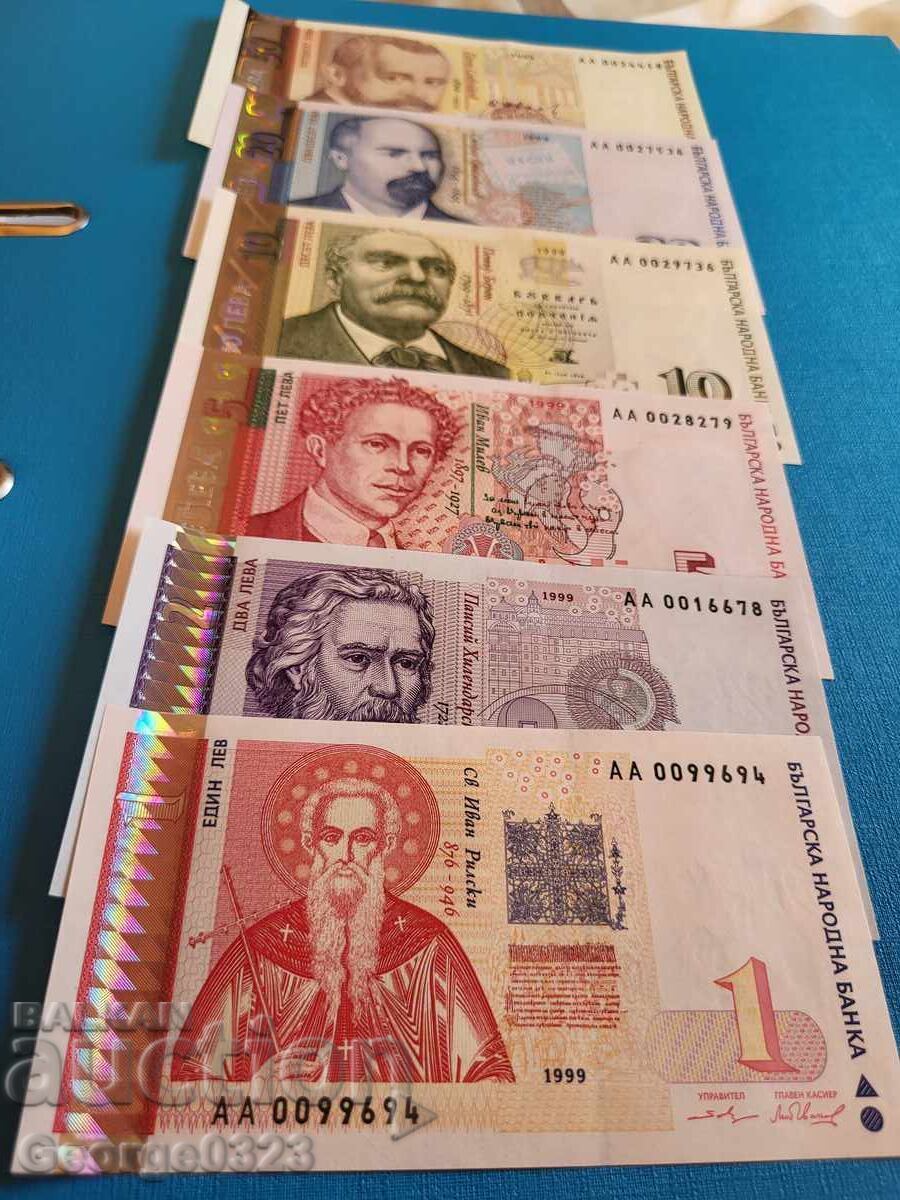 Bulgaria 1999 UNC Lot 1 2 5 10 20 50 Leva AA Series 00##### with price 300.00 BGN | € 153.39 Bulgaria 1999 UNC Lot 1 2 5 10 20 50 Leva AA Series 00##### with price 300.00 BGN | € 153.39