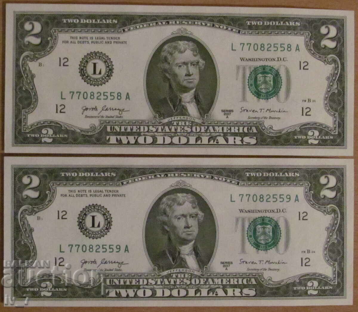 2 DOLARI 2017, SUA - 2 numere consecutive - UNC 2 DOLARI 2017, SUA - 2 numere consecutive - UNC