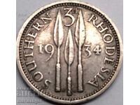 3 Pence 1934 Southern Rhodesia George V Silver