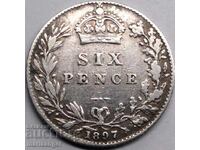 Great Britain 6 Pence 1897 Victoria Silver - Rare